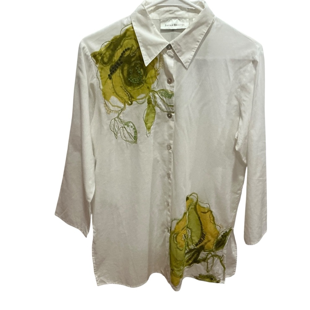 Susan Bristol women’s button up shirt long sleeve white cotton flower embroider